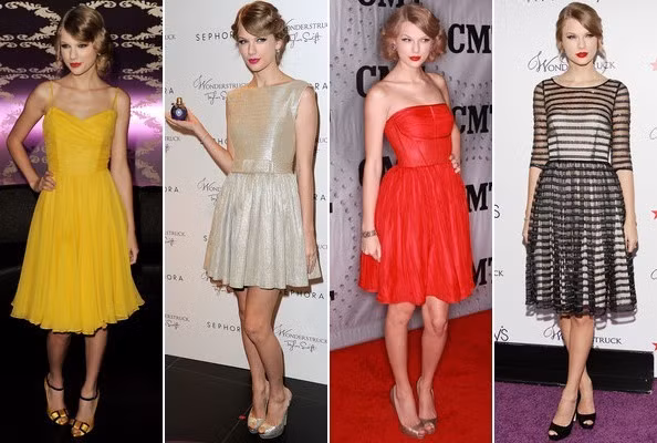 Phong cách thời trang được Taylor Swift lựa chọn nhiều nhất trong năm 2011 là những chiếc váy ôm sát cơ thể hoặc có độ xòe phần chân váy và chiều dài không quá đầu gối. Gu màu sắc của diva nhạc đồng quê nước Mỹ cũng rất đa dạng từ màu sắc sặc sỡ, lấp lánh, đến màu tối như đen và xám, khiến thân hình trông đầy đặn hơn. Xem thêm: Diễm My 9X e ấp cùng váy hoa/Sao Việt với váy vintage style