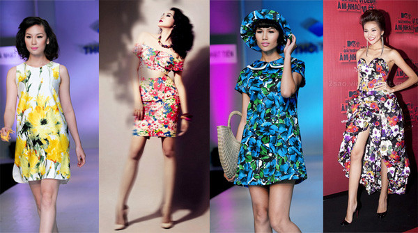 Từ trái sang phải: Người mẫu Phạm Thùy Linh, Ngọc Thạch, Trang "lạ" và Thanh Hằng sặc sỡ với váy in hoa đủ màu sắc, kiểu dáng