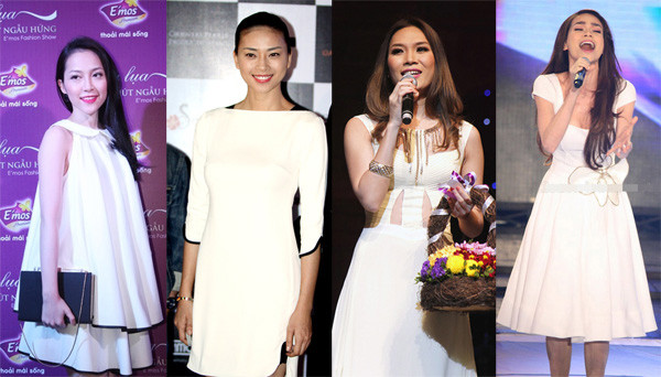 Từ trái sang phải: Diễn viên múa Linh Nga, diễn viên Ngô Thanh Vân, ca sĩ Mỹ Tâm và Hồ Ngọc Hà với nét đẹp tinh khôi trong chiếc váy trắng.