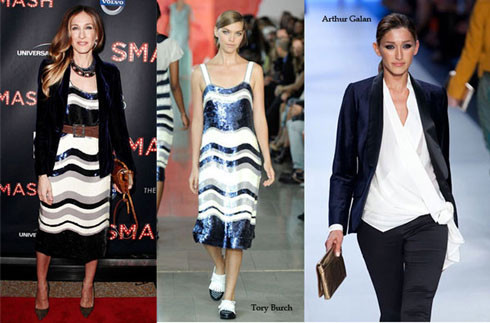 Nữ diễn viên của “Sex and The City” – Sarah Jessica Parker trẻ trung với váy họa tiết lượn sóng của Tony Burch và áo vest Arthur Galan. Xem thêm: Xu hướng thời trang Hè/Xu hướng tóc Hè