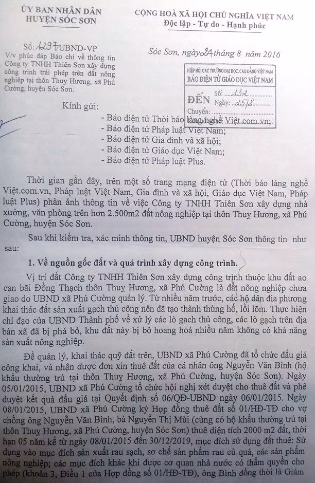 Công văn phúc đáp báo chí của UBND huyện Sóc Sơn trong việc xử lý vi phạm đối với Công ty TNHH Thiên Sơn (Ảnh MC) Công văn phúc đáp báo chí của UBND huyện Sóc Sơn trong việc xử lý vi phạm đối với Công ty TNHH Thiên Sơn (Ảnh MC)