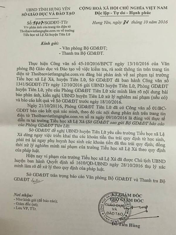 Báo cáo về việc lạm thu tại trường Tiểu học xã Lệ Xá của Sở Giáo dục và Đào tạo tỉnh Hưng Yên gửi lên Bộ Giáo dục và Đào tạo (Ảnh Quốc Chí) Báo cáo về việc lạm thu tại trường Tiểu học xã Lệ Xá của Sở Giáo dục và Đào tạo tỉnh Hưng Yên gửi lên Bộ Giáo dục và Đào tạo (Ảnh Quốc Chí)