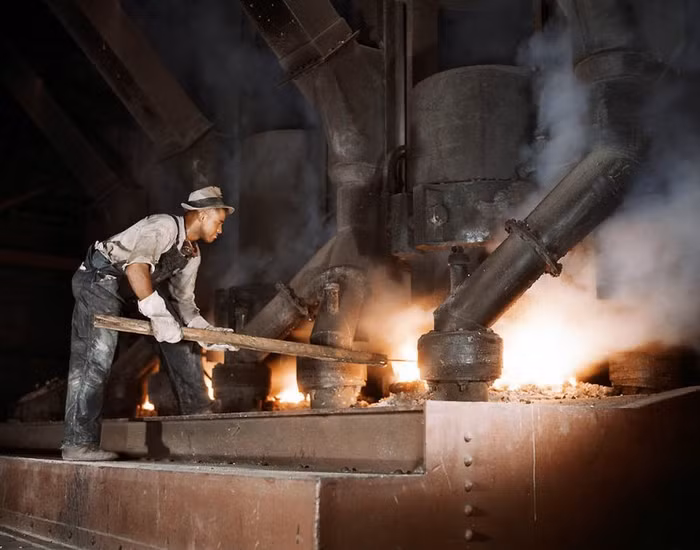 Một người thợ lò tại nhà máy luyện kim gần Muscle Shoals, Alabama, 1942.