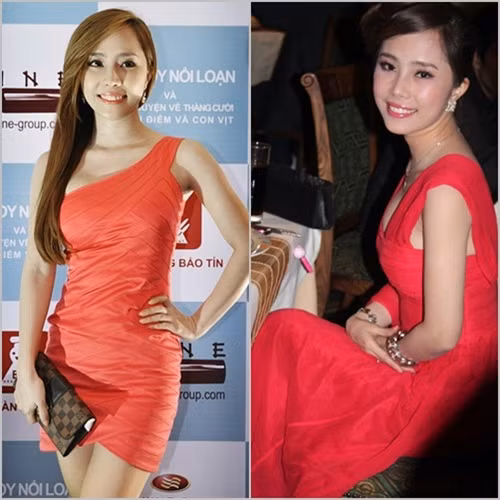 Quỳnh Nga rạng rỡ với những bộ đầm đỏ, mặc dù cô để mái tóc dài nhẹ nhàng, không trang điểm cầu kì. Xem thêm: Váy ngắn khoe chân thon của sao Hollywood/Váy xuyên thấu của người đẹp Việt/Sao Việt với váy vintage style