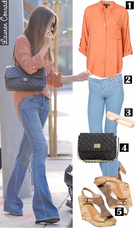 Lauren Conrade trông vô cùng nổi bật với áo sơ mi đỏ mix cùng jeans loe và sandal đế xuồng, thêm chiếc túi xách và đôi kính đen, trông cô ấy thật hoàn hảo. Xem thêm: Bí quyết mặc Jeans tôn dáng/Những mẫu jeans đẹp 2012