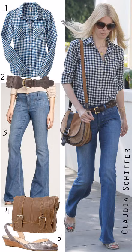 Quả không hổ danh siêu mẫu hàng đầu thế giới, hãy nhìn cách Claudia Schiffer mix đồ xem, chỉ đơn giản là jeans loe diện cùng sơ mi caro và sandal bệt nhưng tổng thể bộ trang phục của cô ấy thật hài hòa và duyên dáng.