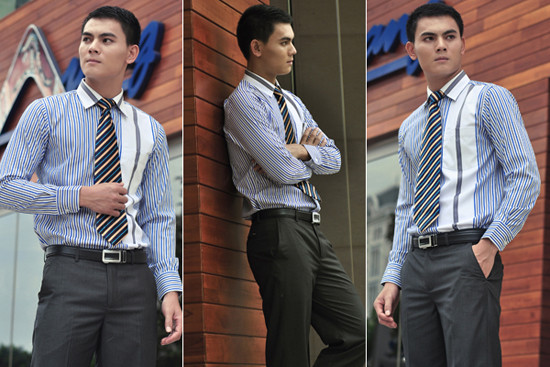 Áo sơ mi với những đường sọc kẻ to, nhỏ kết hợp với quần tây màu tối sẽ biến chàng thành một quý ông lịch lãm. Xách túi cầm tay hay khoác túi trên vai đều hợp với chàng trong hình ảnh này. Áo sơ mi với những đường sọc kẻ to, nhỏ kết hợp với quần tây màu tối sẽ biến chàng thành một quý ông lịch lãm. Xách túi cầm tay hay khoác túi trên vai đều hợp với chàng trong hình ảnh này.