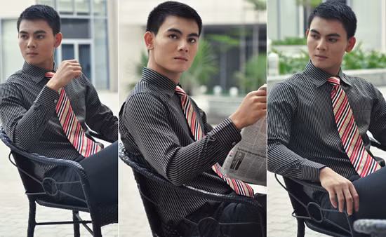 Bộ trang phục màu trầm của chàng có thêm điểm nhấn ở chiếc cà vạt sáng màu. Phái mạnh về cơ bản không quá cầu kỳ trong chuyện ăn mặc như chị em phụ nữ, nhưng các chàng sẽ nổi bật hơn nhiều nếu kết hợp trang phục với kiểu tóc cũng như phụ kiện đồng hồ, cà vạt, giày... hợp lý.