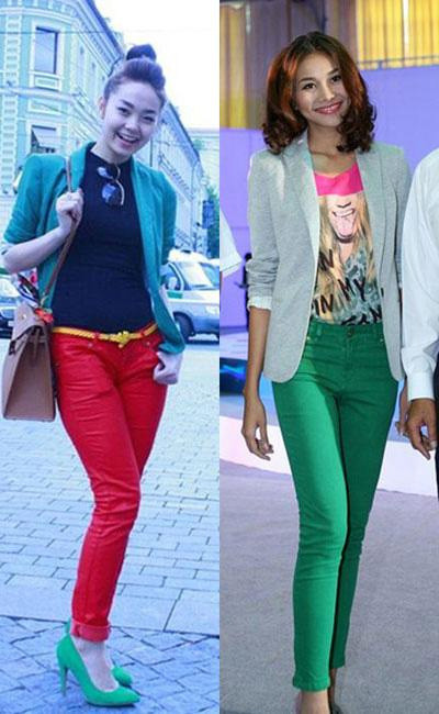 Bí quyết diện quần tregging không phản cảm ảnh 3 Minh Hằng và Thanh Hằng trong những chiếc quần color block.