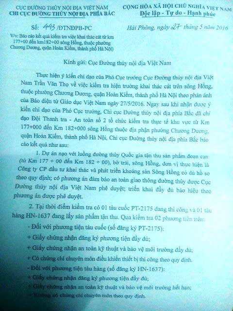 Báo cáo kiểm tra, xử lý một số tàu vi phạm của Chi cục đường thủy nội địa phía Bắc sau khi báo chí, người dân phản ánh (Ảnh Minh Chí)