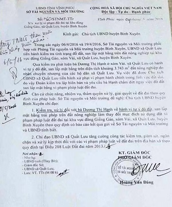 Công văn số 760/STNMT-TTr của Sở Tài nguyên và Môi trường gửi Chủ tịch Ủy ban nhân dân huyện Bình Xuyên về việc xử lý vi phạm đất đai tại khu đồng Giêng Gáo, xã Quất Lưu, huyện Bình Xuyên.