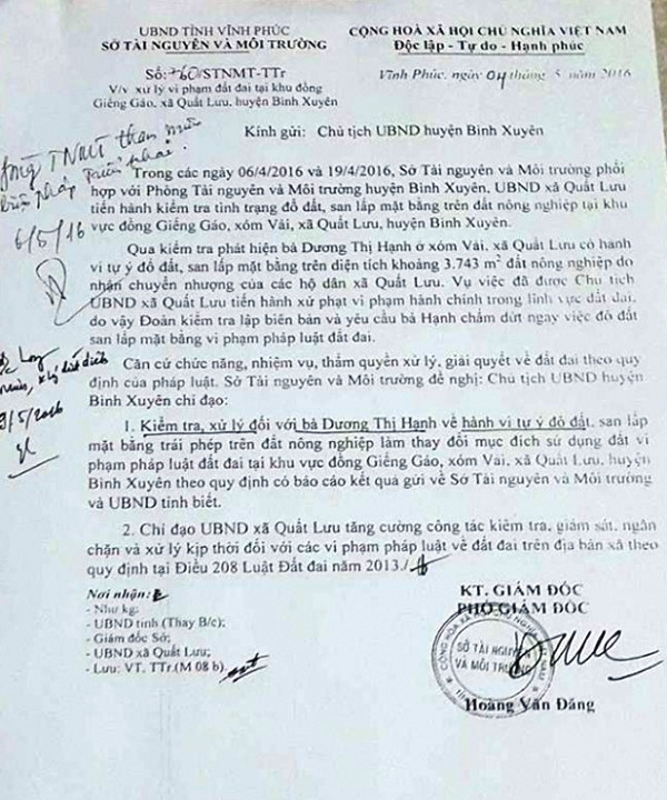 Công văn số 760/STNMT-TTr của Sở Tài nguyên và Môi trường gửi Chủ tịch Ủy ban nhân dân huyện Bình Xuyên về việc xử lý vi phạm đất đai tại khu đồng Giêng Gáo, xã Quất Lưu, huyện Bình Xuyên. Công văn số 760/STNMT-TTr của Sở Tài nguyên và Môi trường gửi Chủ tịch Ủy ban nhân dân huyện Bình Xuyên về việc xử lý vi phạm đất đai tại khu đồng Giêng Gáo, xã Quất Lưu, huyện Bình Xuyên.