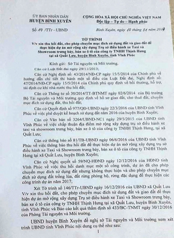 Tờ trình số 14 của Ủy ban nhân dân huyện Bình Xuyên về việc xin thu hồi đất,, cho phép chuyển mục đích sử dụng đất và giao đất để thực hiện dự án mở rộng xây dựng Trụ sở điều hành xe Taxi và Showroom trưng bày, bán xe ô tô của Công ty trách nhiệm hữu hạn Thịnh Hưng tại xã Quất Lưu, huyện Bình Xuyên. Tờ trình số 14 của Ủy ban nhân dân huyện Bình Xuyên về việc xin thu hồi đất,, cho phép chuyển mục đích sử dụng đất và giao đất để thực hiện dự án mở rộng xây dựng Trụ sở điều hành xe Taxi và Showroom trưng bày, bán xe ô tô của Công ty trách nhiệm hữu hạn Thịnh Hưng tại xã Quất Lưu, huyện Bình Xuyên.