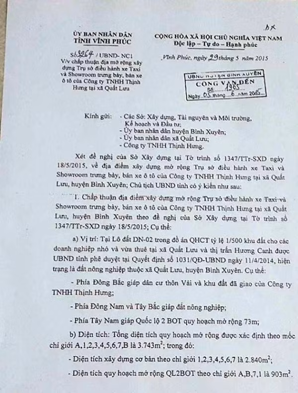 Văn bản số 3264/UBND-NC1 về việc chấp thuận địa điểm cho Công ty trách nhiệm hữu hạn Thịnh Hưng mở rộng xây dựng trụ sở điều hành xe Taxi và Showroom bày bán xe, tại xã Quất Lưu, huyện Bình Xuyên.