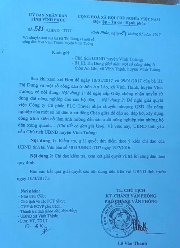 Các văn bản yêu cầu giải quyết nội dung đơn thư khiếu nại của người dân xã Vĩnh Thịnh, huyện Vĩnh Tường, tỉnh Vĩnh Phúc (ảnh Lê Minh)