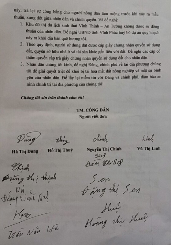 Đơn thư của người dân xã Vĩnh Thịnh gửi đến Thủ tướng Chính phủ.