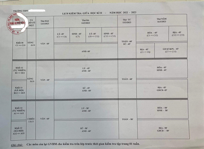 Lịch kiểm tra giữa kì II do phụ huynh cung cấp