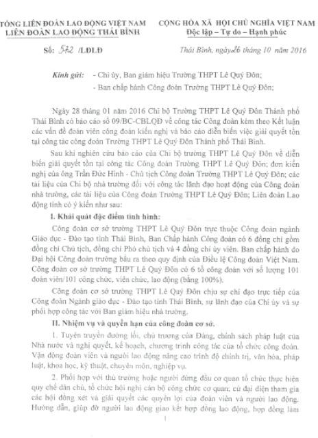 Kết luận số 572/LĐLĐ, ngày 26/10/2016 của Liên đoàn Lao động tỉnh Thái Bình cũng đã chỉ rõ một số sai phạm tại Trường Trung học phổ thông Lê Qúy Đôn (ảnh MC)