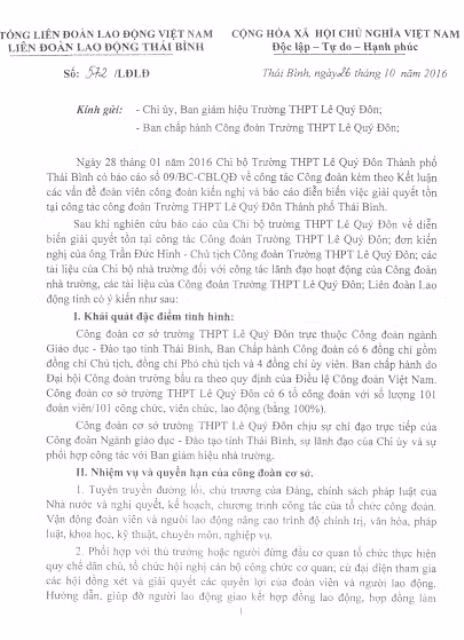 Kết luận số 572/LĐLĐ, ngày 26/10/2016 của Liên đoàn Lao động tỉnh Thái Bình cũng đã chỉ rõ một số sai phạm tại Trường Trung học phổ thông Lê Qúy Đôn (ảnh MC)