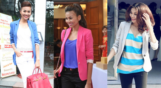 Thanh Hằng rất tích cực trong việc lăng xê mốt Blazer (áo khoác dạng vest). Hầu hết sản phẩm mà người đẹp này sử dụng đều của hãng Zara.