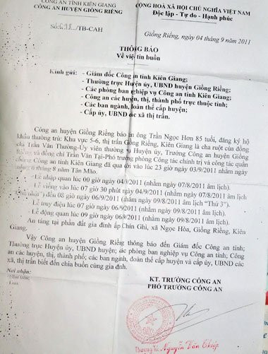 Công văn thông báo tin buồn (Ảnh VNe)