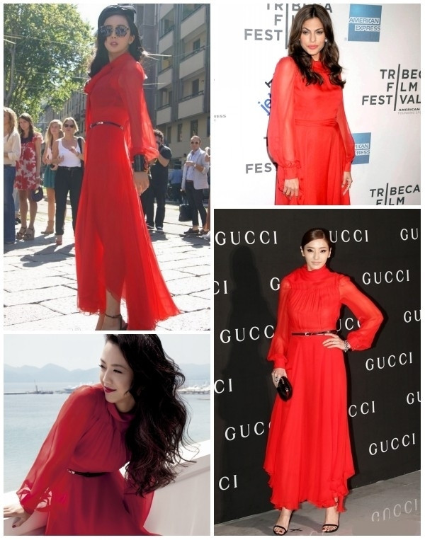 Từ Châu Á đến Châu Âu, có vẻ chiếc váy đỏ gợi cảm này được rất nhiều người đẹp ái mộ, từ nàng hoa đán Dương Mịch đến cô nàng gợi cảm Thang Duy và búp bê barbie Han Chae Young của Hàn Quốc. Xem thêm: Sao Hàn "giơ" bằng chứng: Tôi đẹp hoàn toàn tự nhiên (P2)