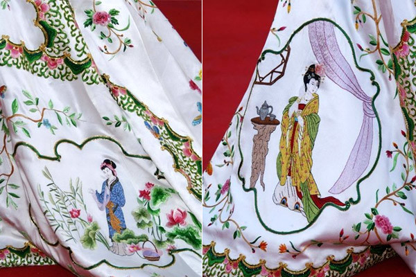 Nhà thiết kế Bốc Kha Văn tiết bật mí về chiếc váy rằng: phần dưới của váy đều lấy tạo hình của bốn mỹ nhân cổ đại Trung Quốc, Chính diện là Dương Quý Phi Say rượu, phía sau là Điêu Thuyền bái trăng, bên mặt là tây Thi dệt vải, và bên còn lại là Chiêu Quân ở biên giới xa xôi.