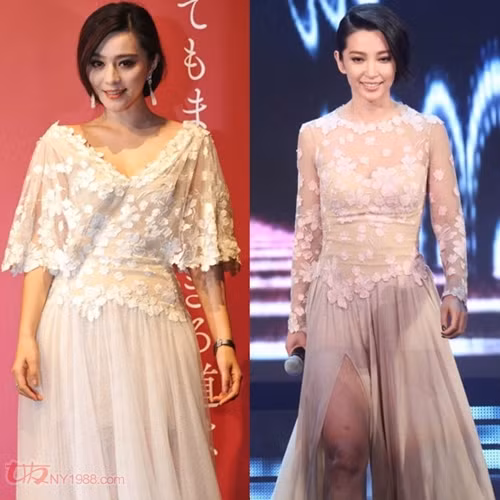 Cô nàng họ Phạm có khung vai rộng, nên váy cánh bướm giúp cô che được đôi tay và bả vai tròn trịa của mình. Cô nàng họ Lý thon thả và uyển chuyển với thiết kế bó sát. Tuy nhiên, Lý Băng Băng 'mất điểm" vì đầu gối đen xấu xí. Xem thêm: 47 tuổi vẫn 'điềm nhiên' diện váy khiếm nhã