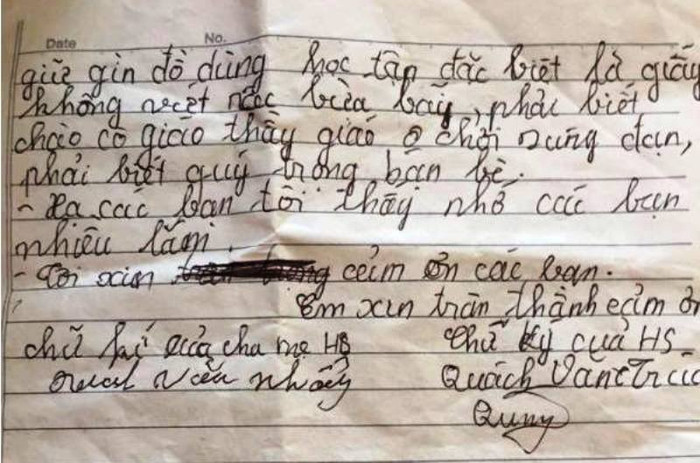 Lá đơn của học sinh Quách Văn Trúc, lớp 7C, trường THCS Xuân Khang, xã Xuân Khang, huyện Như Thanh khiến nhiều người cảm động. (Ảnh MC)