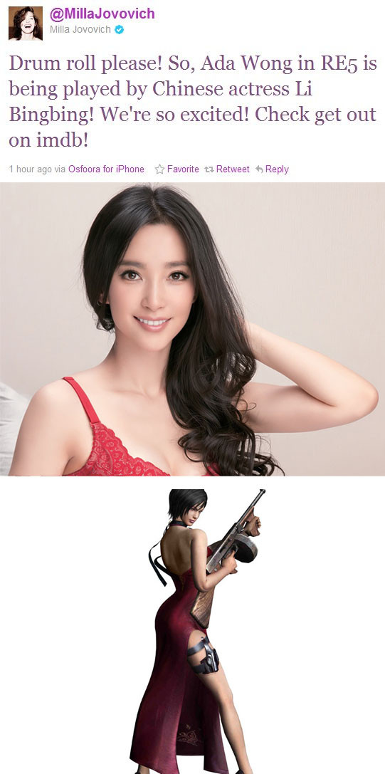 Diện mạo mới của Lý Băng Băng do Milla Jovovich - nữ chính của series phim Resident Evil đăng tải trên Twitter. Diện mạo mới của Lý Băng Băng do Milla Jovovich - nữ chính của series phim Resident Evil đăng tải trên Twitter.