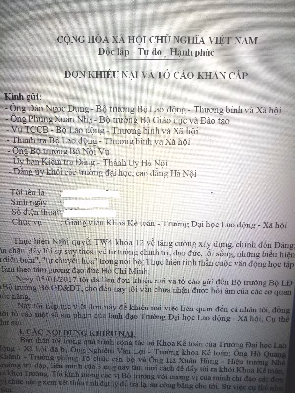 Đơn khiếu nại của ông Đ.V.L. gửi đến các cơ quan chức năng đòi lại quyền lợi, sự công bằng sau 10 năm công tác đã bị chấm dứt hợp đồng lao động được cho là bất hợp lý? (ảnh nguồn Giáo dục Việt Nam)