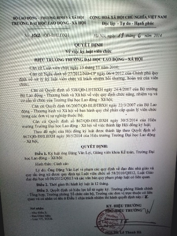 Quyết định 1012/QĐ-ĐHLĐXH, ngày 19/06/2014 về việc kỷ luật viên chức đối với ông Đặng Văn Lợi với mức kỷ luật cảnh cáo vì lý do vi phạm quy định về đạo đức nhà giáo và quy tắc ứng xử (ảnh nguồn Giáo dục Việt Nam)