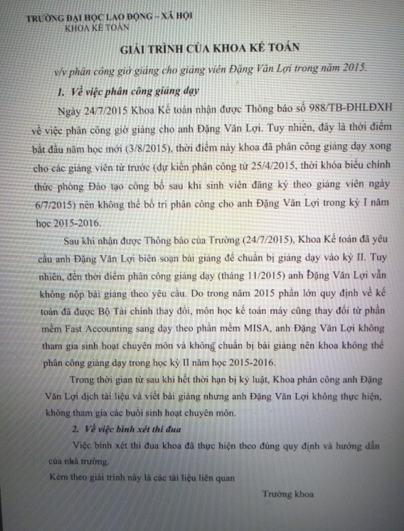Văn bản giải trình của Khoa kế toán, Trường Đại học Lao động và Xã hội (ảnh nguồn Giáo dục Việt Nam)