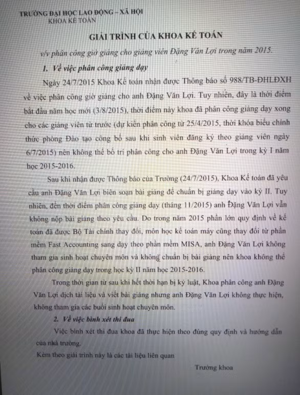 Văn bản giải trình của Khoa kế toán, Trường Đại học Lao động và Xã hội (ảnh nguồn Giáo dục Việt Nam)