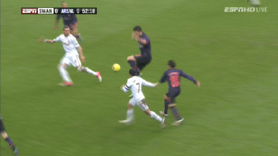 Aaron Ramsey tự "xòe" trong vòng cấm đối phương. Aaron Ramsey tự "xòe" trong vòng cấm đối phương.