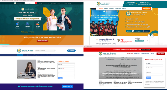 Một số landing page tuyển sinh hệ đào tạo từ xa của Học viện Tài chính. Ảnh chụp màn hình