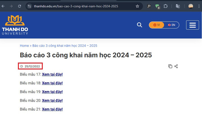 Ghi nhận ngày 11/4/2025, trang website của Trường Đại học Thành Đô hiển thị Báo cáo 3 công khai năm học 2024-2025 - đăng tải vào ngày 25/12/2022. Tuy nhiên, thực chất tệp đính kèm hiển thị nội dung Báo cáo 3 công khai năm học 2022-2023. Ảnh chụp màn hình 3ck.png