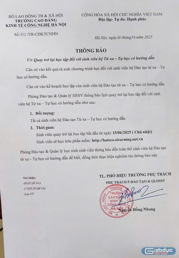 Thông báo cho sinh viên hệ từ xa - tự học có hướng dẫn đi học trở lại của Trường Cao đẳng Kinh tế Công nghệ Hà Nội. gdvn-fbc3d4094f39f867a128.jpg