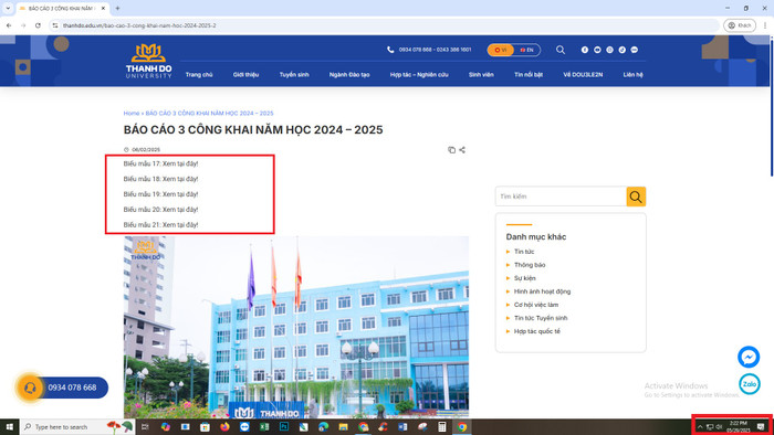 Báo cáo 3 công khai năm học 2024-2025 được điều chỉnh về đúng vị trí, hiển thị đăng ngày 6/2/2025 nhưng không có tệp đính kèm. Ảnh chụp màn hình ngày 26/5/2025 24-25.png