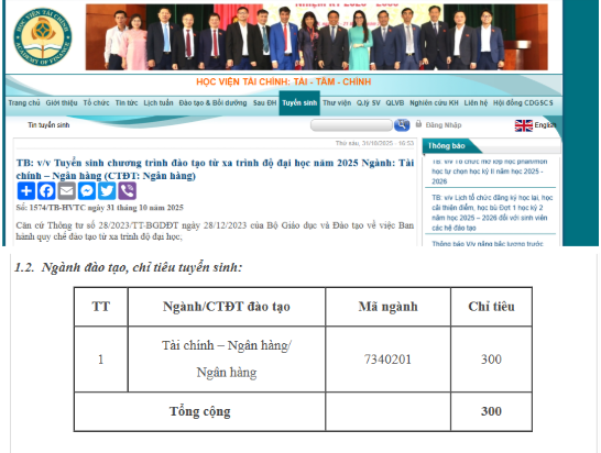 Thông tin tuyển sinh chương trình đào tạo từ xa ngành Tài chính - Ngân hàng. Ảnh chụp màn hình