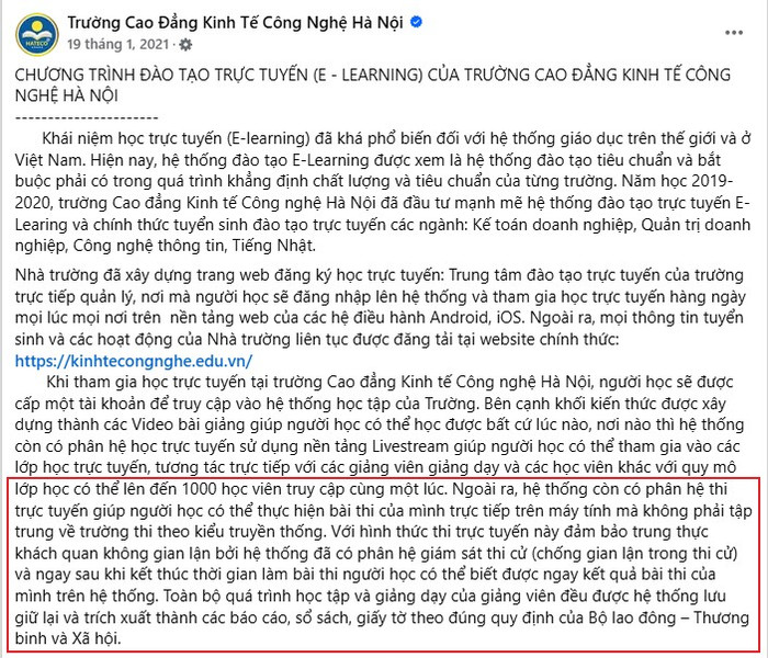 Thông báo tuyển sinh cam kết hình thức thi online. Ảnh chụp màn hình tempsnip.png