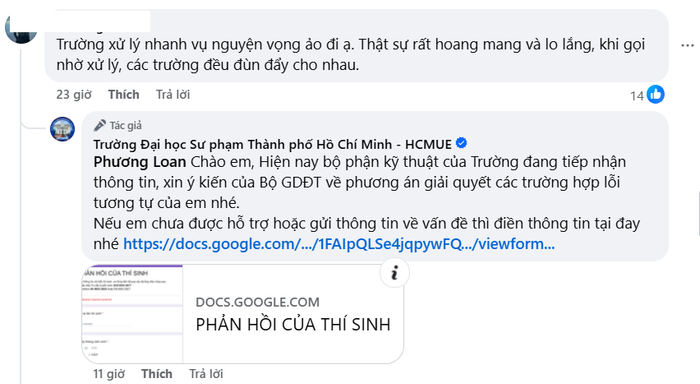Trường Đại học Sư phạm Thành phố Hồ Chí Minh phản hồi thí sinh về việc giải quyết sự cố lỗi lọc ảo trong tuyển sinh. Ảnh chụp màn hình ngày 26/8/2025 thi-sinh.png