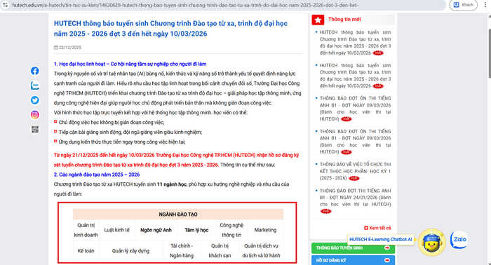 Phóng viên không tìm thấy đề án tuyển sinh đào tạo từ xa của HUTECH, trong các thông báo tuyển sinh cũng không nêu rõ chỉ tiêu tuyển sinh các ngành. Ảnh chụp màn hình