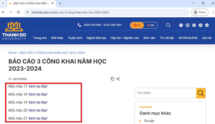 Báo cáo 3 công khai năm học 2024-2025 và 2023-2024: đều không có tệp đính kèm nội dung. Ảnh chụp màn hình ngày 26/5/2025. 23-24.png