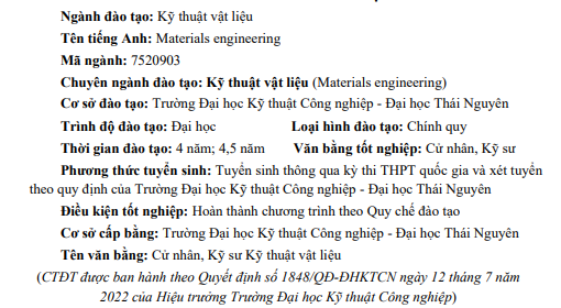 Thông tin chung về chương trình đào tạo ngành Kỹ thuật Vật liệu của Trường Đại học Kỹ thuật Công nghiệp - Đại học Thái Nguyên. Ảnh chụp màn hình