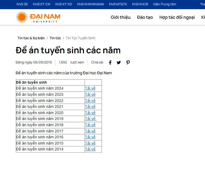 Không có thông tin về Đề án tuyển sinh năm 2025 của Trường Đại học Đại Nam. Ảnh: website nhà trường de-an-tuyen-sinh.jpg