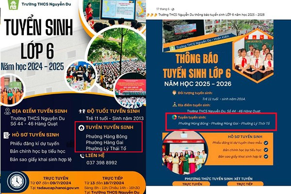 Thông tin tuyển sinh năm học 2024 - 2025 (bên trái ảnh) và thông báo tuyển sinh lớp 6 năm học 2025-2026 (bên phải ảnh). tuyen-sinh-truong-thcs-nguyen-du-hoan-kiem234.jpg