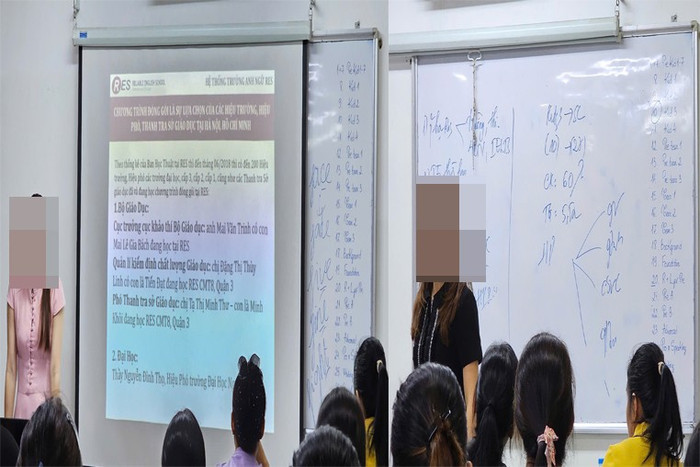 Hai nữ nhân viên quảng bá về trung tâm nhiều giờ đồng hồ. Họ yêu cầu phụ huynh không được rời khỏi phòng thi, nếu không sẽ không được nhận kết quả bài thi của con. (Ảnh: NVCC) phu-huynh-tieu-hoc-an-hoi-to-trung-tam-tieng-anh-res-to-chuc-cuoc-thi-trang-nguyen-tieng-anh-33.jpg