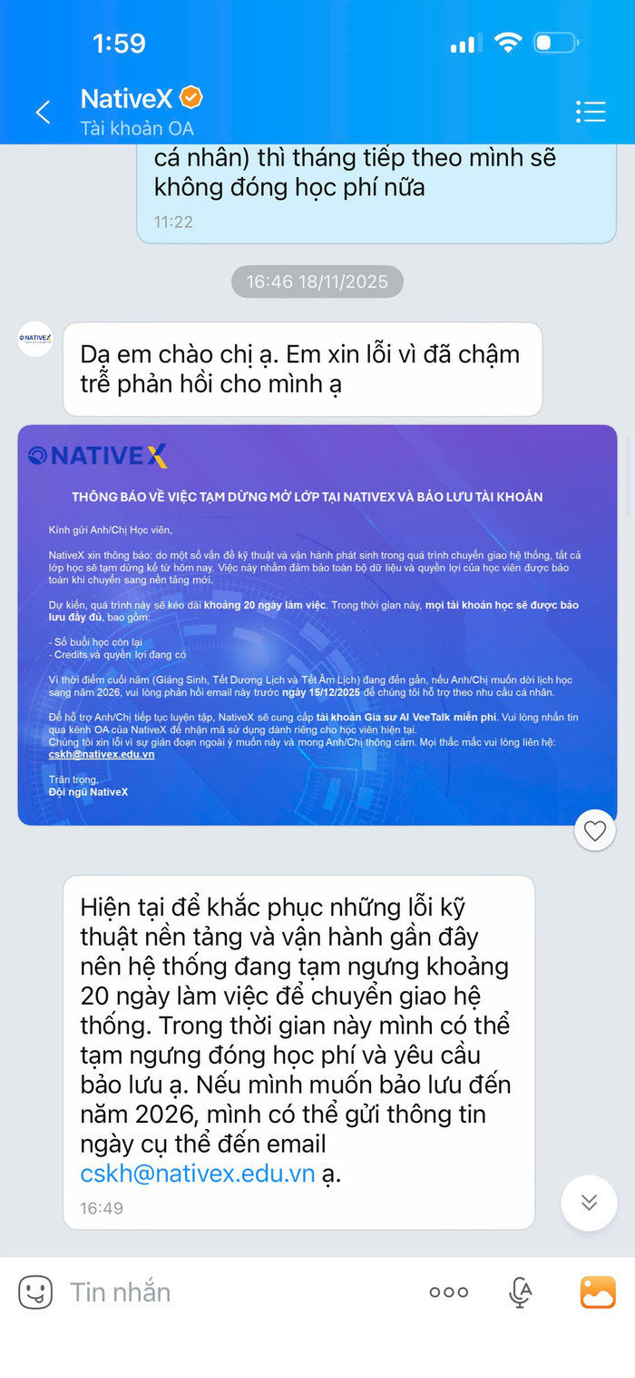 Thông báo từ phía Native X vào tháng 11 về việc dừng hoạt động.