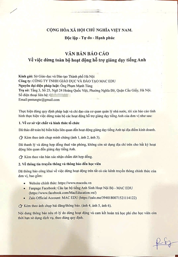 Hình ảnh văn bản báo cáo về việc dừng toàn bộ hoạt động hỗ trợ giảng dạy tiếng Anh của Công ty TNHH Giáo dục và Đào tạo MAC EDU. z6838806763996-c4943e73a89226c7e61e9049363dc2cd.jpg